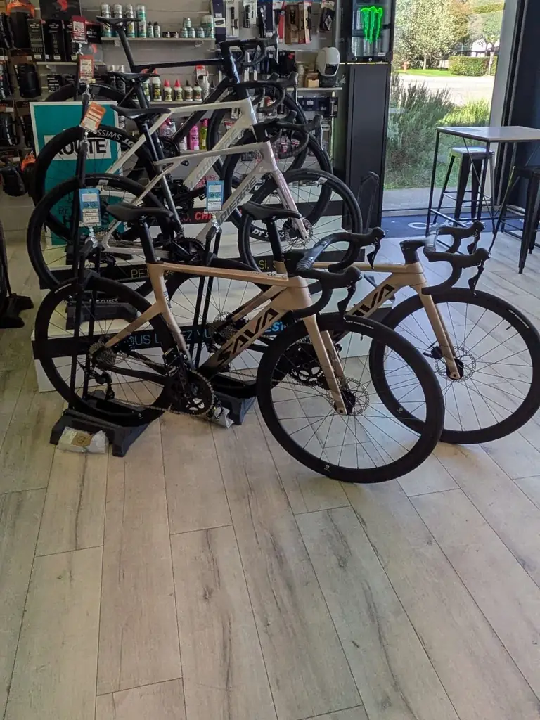 Vélos de route exposés près de la vitrine du magasin